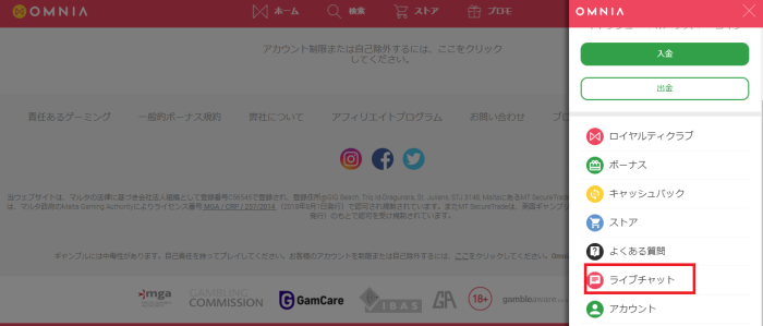 オムニアカジノのサポート
