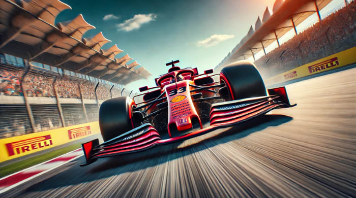 Punainen F1-auto kääntymässä nopeasti radalla vuoden 2025 F1-kisassa.