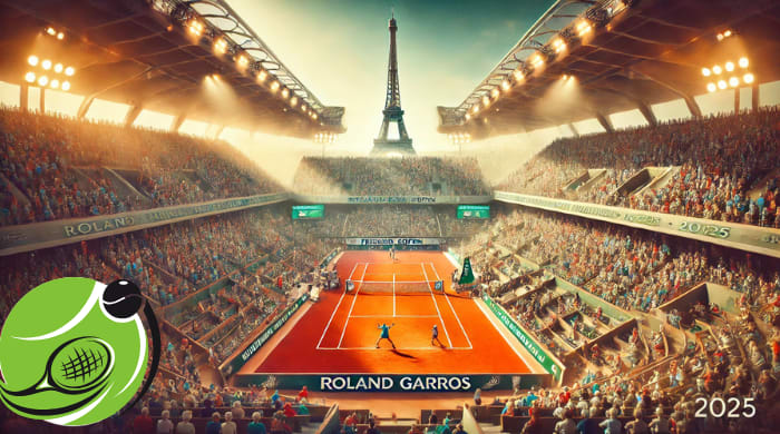 Ranskan Avoimet 2025 Roland Garrosin stadionilla, punainen massakenttä ja Eiffel-torni taustalla.