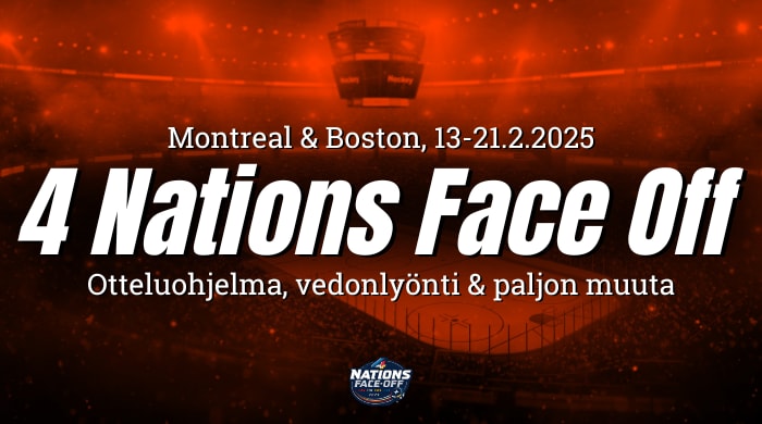 4 Nations Face Off 2025 -turnauksen promokuva, jossa kerrotaan tapahtuman sijainnit Montreal ja Boston sekä ajankohta 13.–21.2.2025.