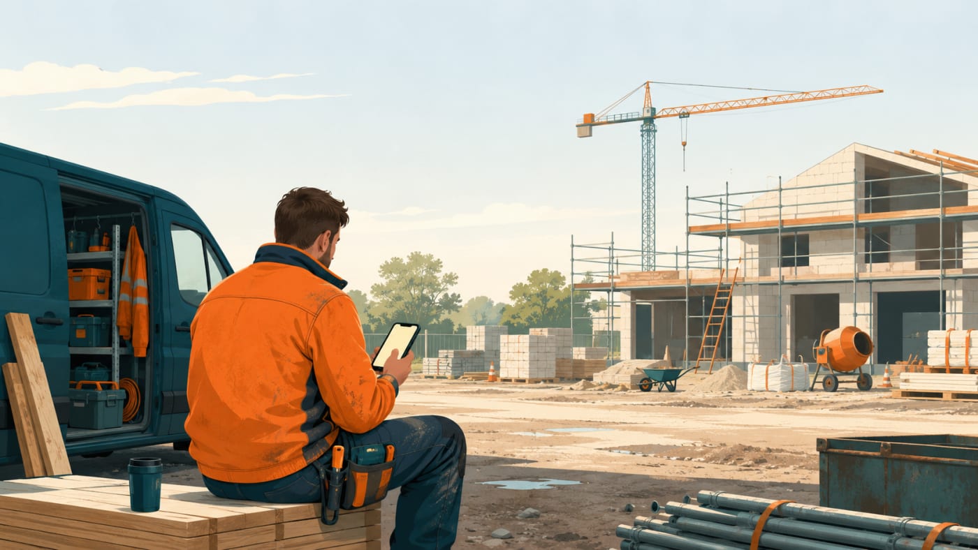 Illustration: Handwerker macht auf der Baustelle Pause und liest eine Nachricht auf dem Smartphone