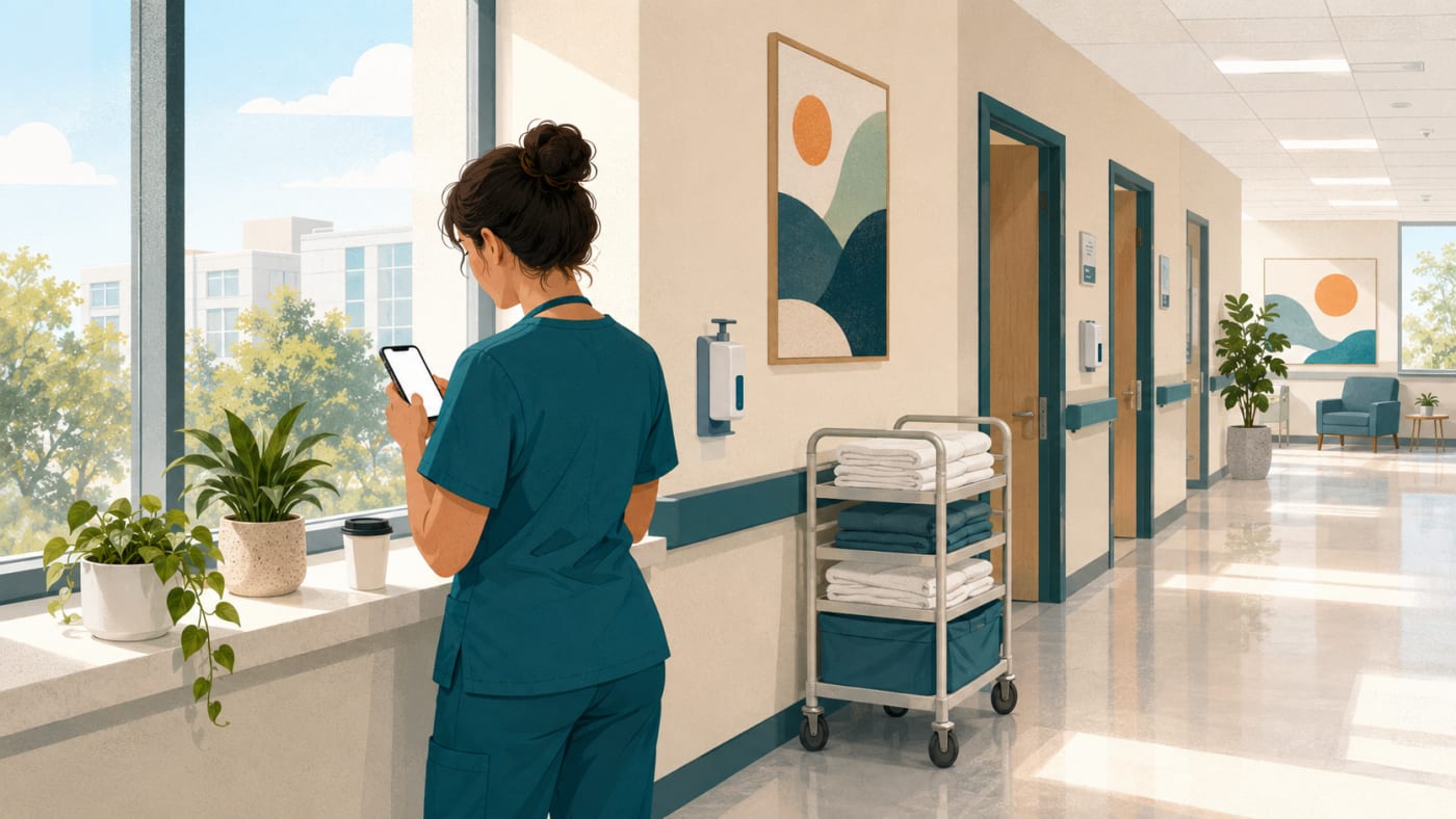 Illustration: Pflegekraft liest im Klinikflur am Fenster eine Nachricht auf dem Smartphone