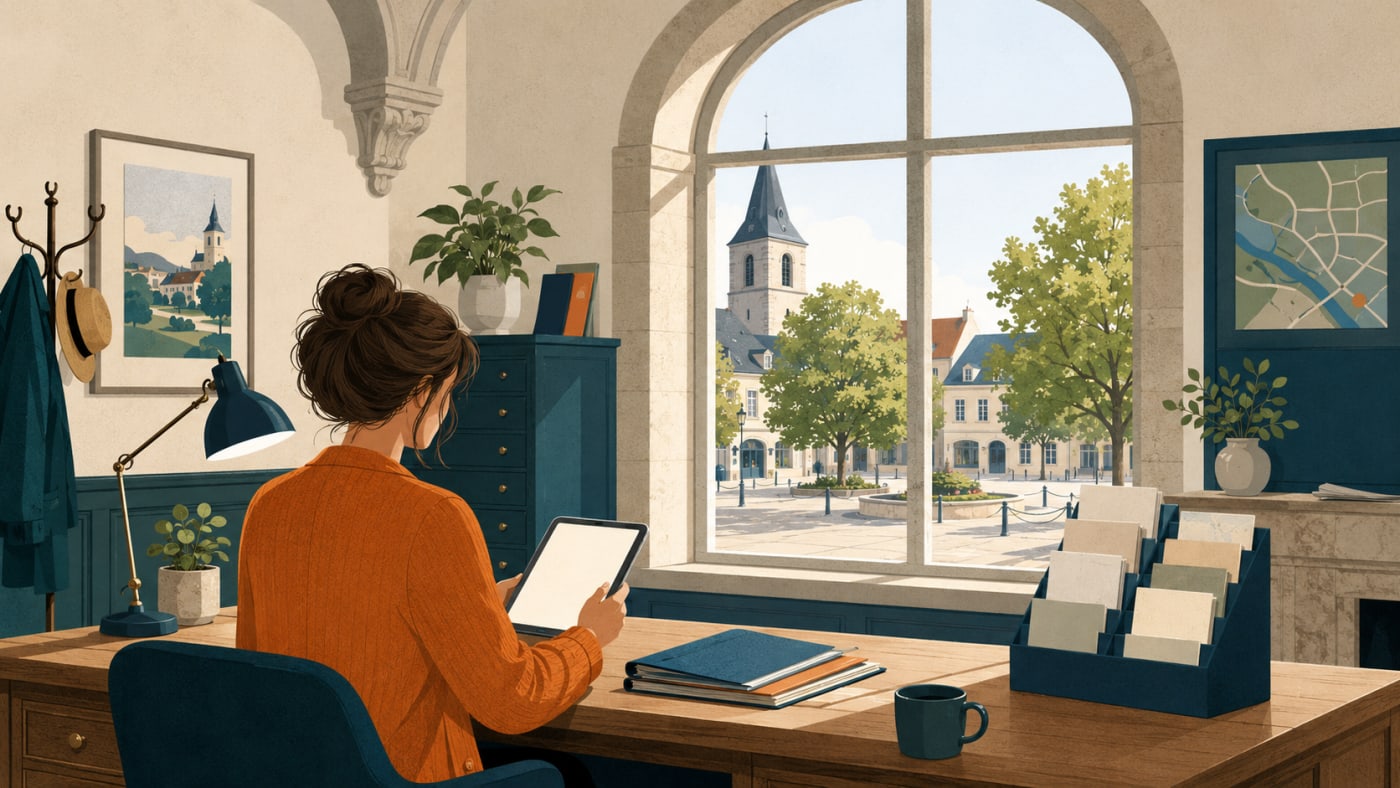 Illustration: Person im Gemeindebüro liest eine Nachricht auf dem Tablet