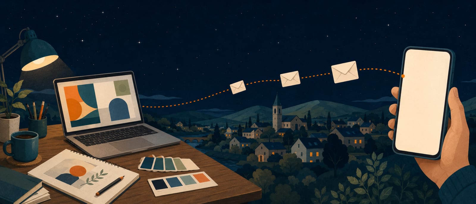 Illustration: Weg einer Nachricht vom Entwurf über die Zustellung bis ins Postfach