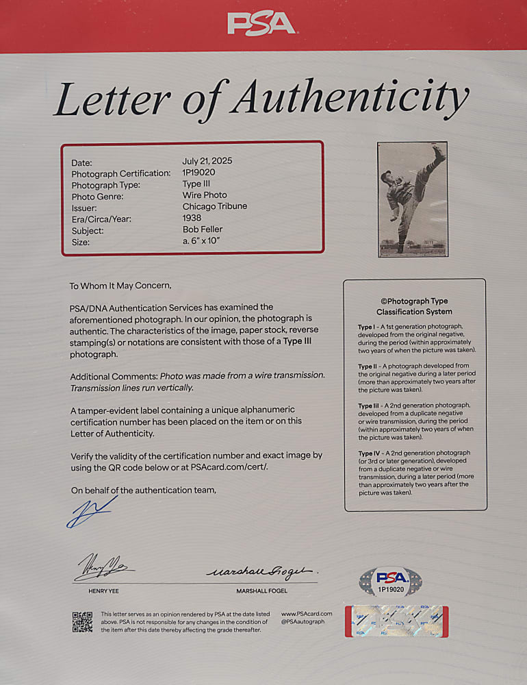 1938 Bob Feller Chicago Tribune Wire Photograph PSA/DNA Type III