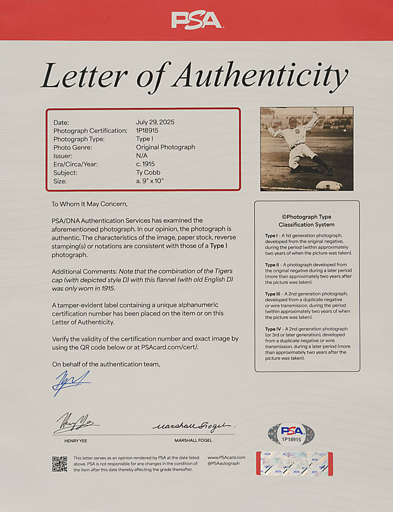 Circa 1915 Ty Cobb Sliding Original Photograph PSA/DNA Type I