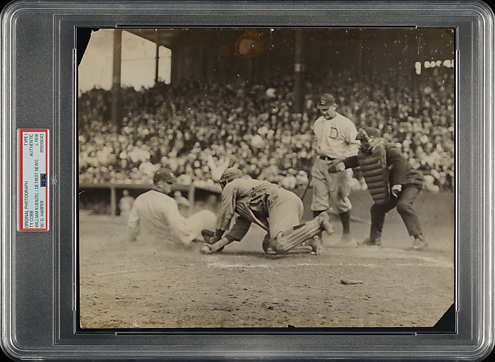 Circa 1916 Ty Cobb Sliding at Home Original William Kuenzel/Detroit News Photograph PSA/DNA Type I