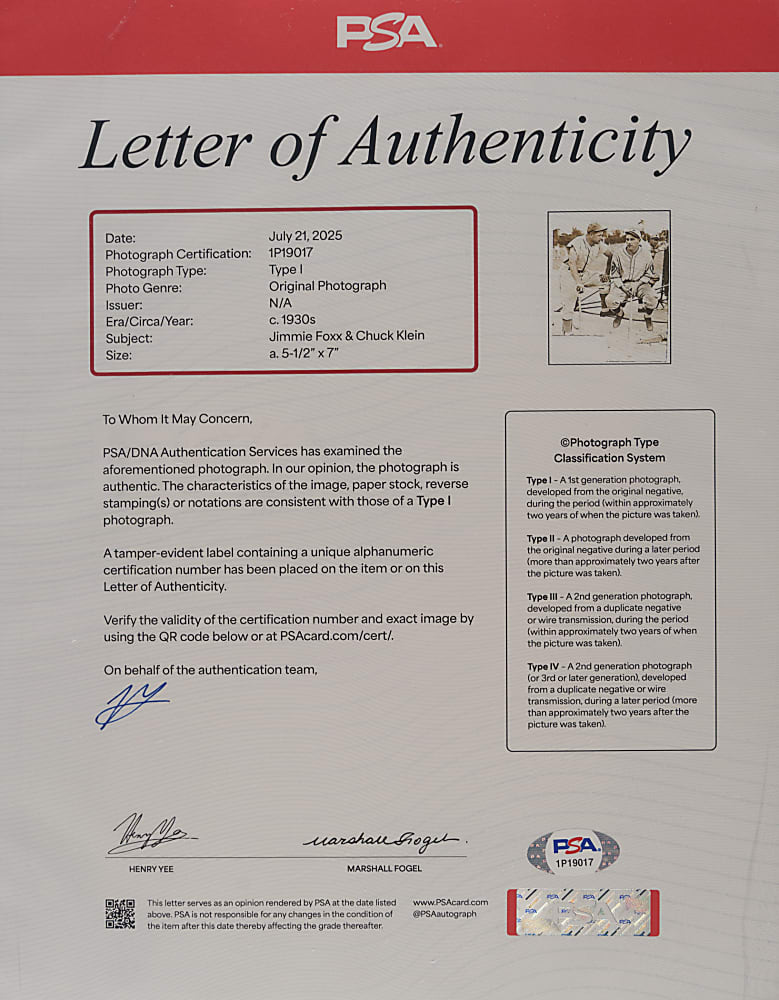 1933 Jimmie Foxx and Chuck Klein Spring Training Original Photograph PSA/DNA Type I