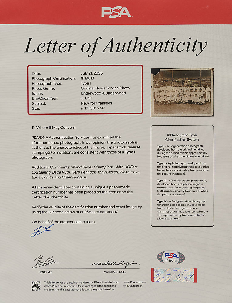 1927 New York Yankees World Champions Large-Format Team Photograph with Babe Ruth and Lou Gehrig PSA/DNA Type I