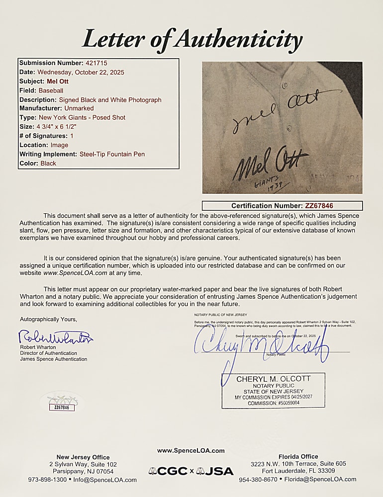 Signed 1939 R303-B Goudey Premiums Mel Ott