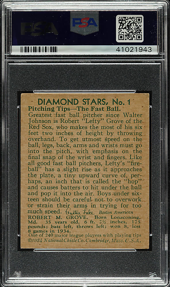 1934-1936 R327 Diamond Stars #1 Lefty Grove (1935 Green Back) PSA VG-EX 4