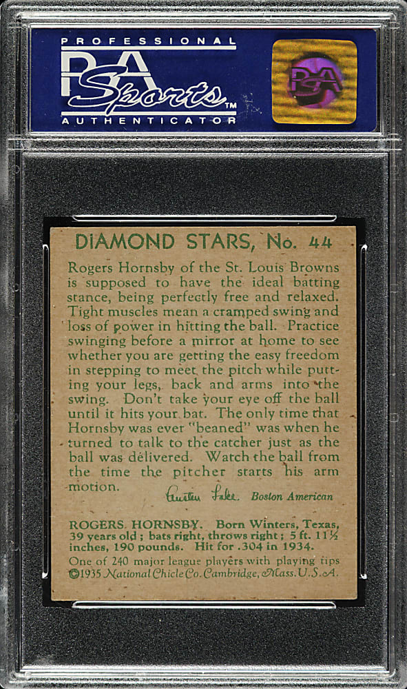 1934-1936 R327 Diamond Stars #44 Rogers Hornsby PSA NM 7
