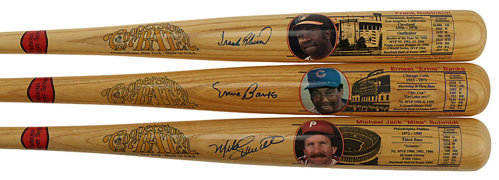 500 Home Run Club Single-Signed Cooperstown Bat Trio: Mike Schmidt, Frank Robinson, and Ernie Banks