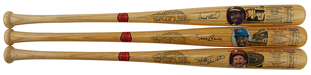 500 Home Run Club Single-Signed Cooperstown Bat Trio: Mike Schmidt, Frank Robinson, and Ernie Banks
