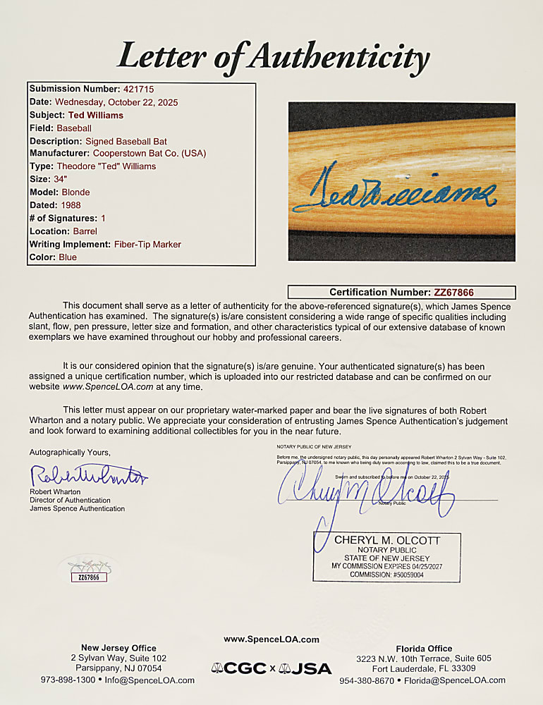 Ted Williams Signed Cooperstown Company Career Stat Bat - JSA