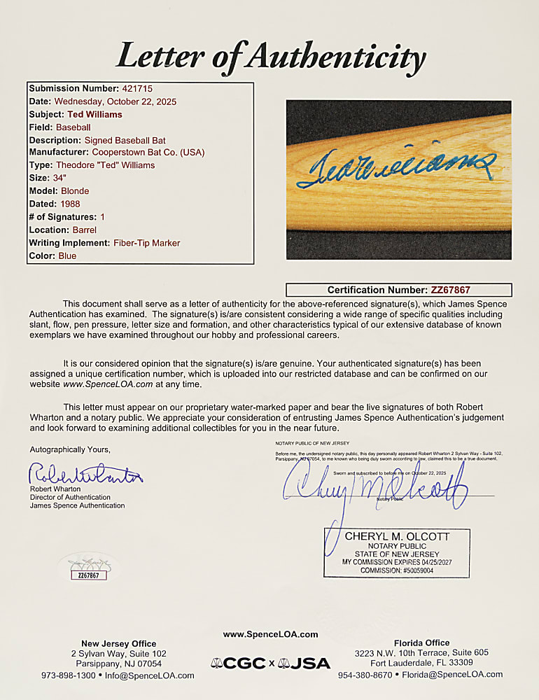 Ted Williams Signed Cooperstown Company Career Stat Bat - JSA