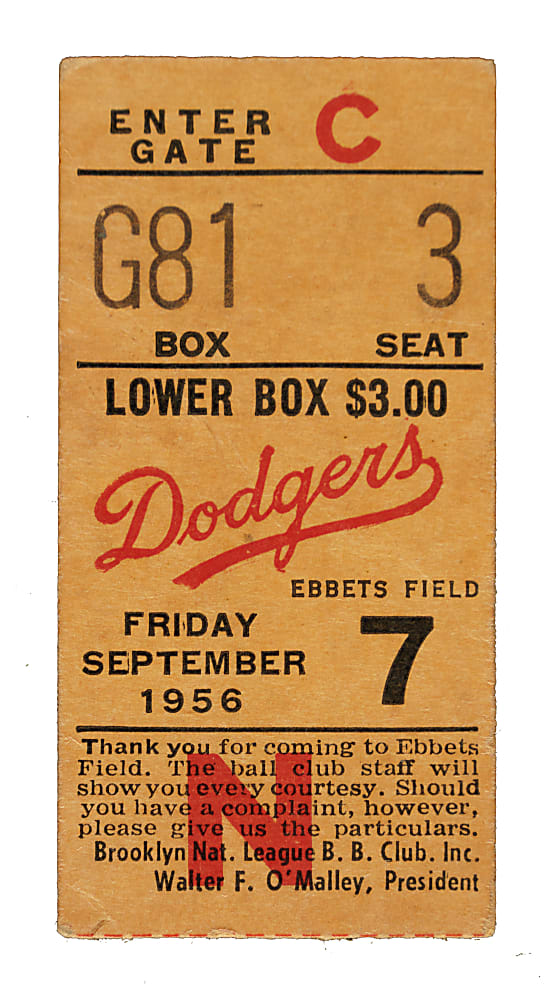 September 7, 1956 Brooklyn Dodgers (vs. New York Giants) Ticket Stub - Jackie Robinson Career Hit #1500 and Willie Mays Home Runs #144 and 145