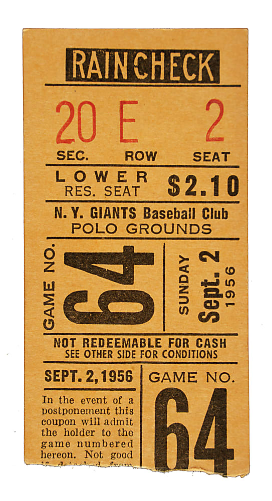 September 2, 1956 New York Giants (vs. Brooklyn Dodgers) Ticket Stub - Jackie Robinson Career Home Run #136 (Second To Last)
