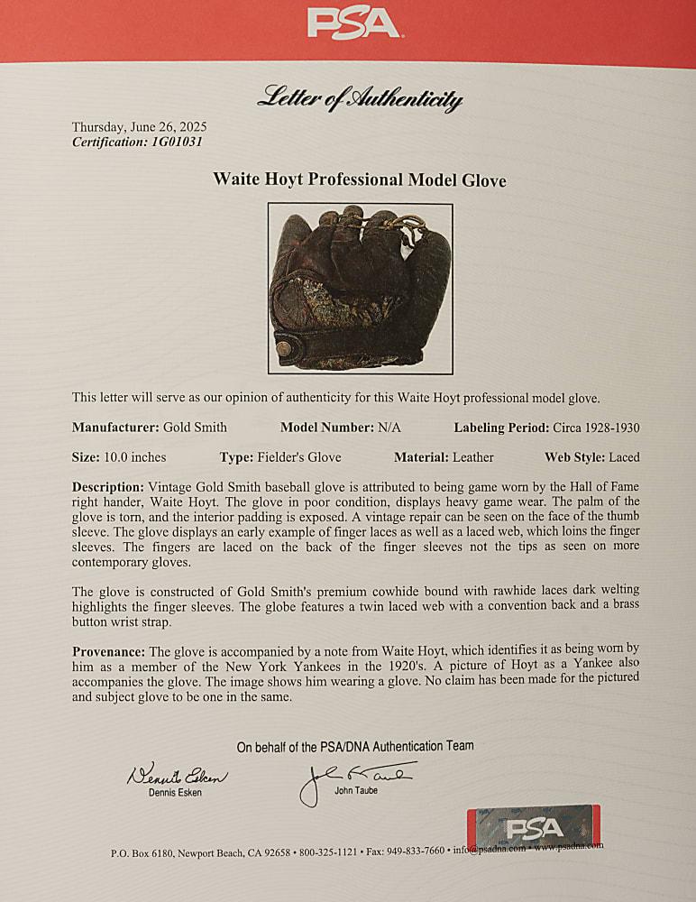 Circa 1928-1930 Waite Hoyt Signed Game-Used Glove - PSA/DNA