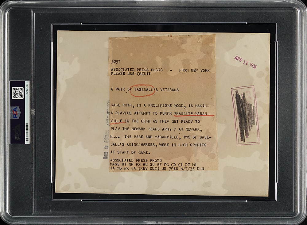 1935 Babe Ruth and Rabbit Maranville Original Associated Press Photograph PSA/DNA Type I