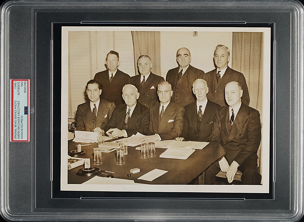 1942 American League Executives Original Associated Press Photograph with Connie Mack, Clark Griffith, and Eddie Collins PSA/DNA Type I