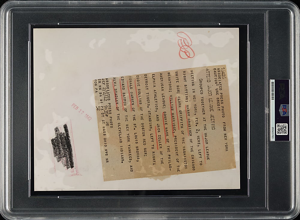 1942 American League Executives Original Associated Press Photograph with Connie Mack, Clark Griffith, and Eddie Collins PSA/DNA Type I