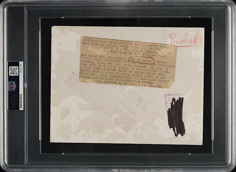 1933 Joe DiMaggio San Francisco Seals Original News Photograph PSA/DNA Type I - DiMaggio Hits in 50 Consecutive Games!