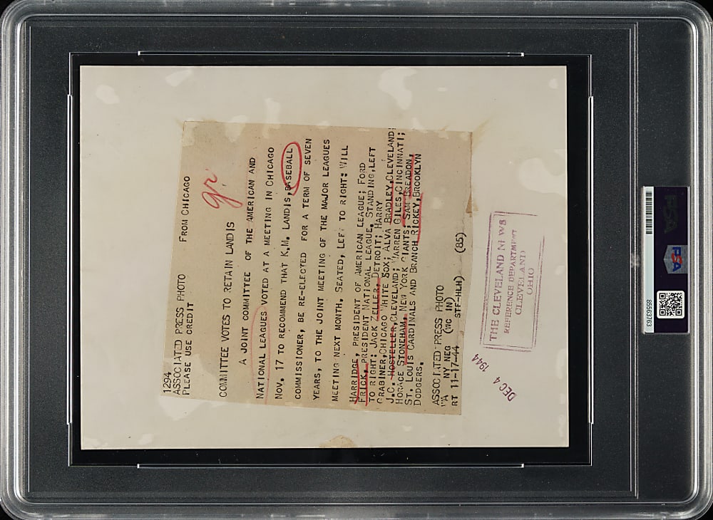 1944 MLB Executives Original Associated Press Photograph with Ford Frick, Warren Giles, and Branch Rickey PSA/DNA Type I