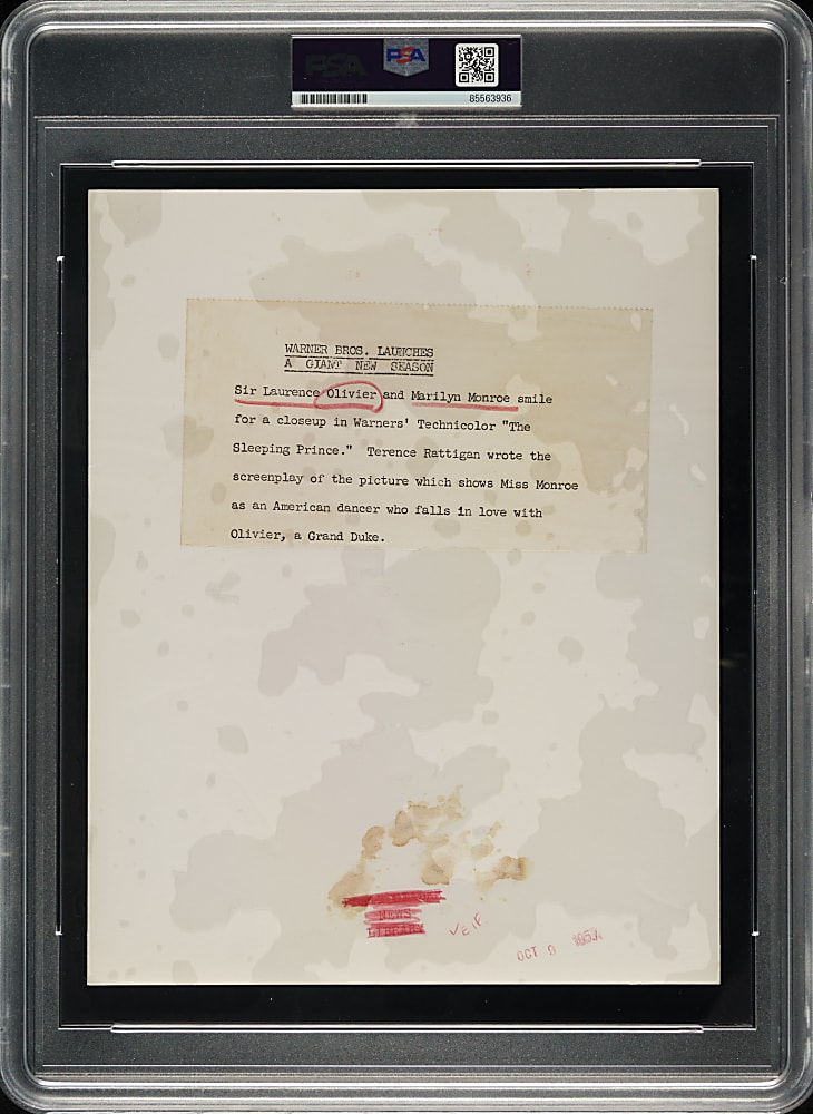 1957 Laurence Olivier and Marilyn Monroe The Prince and The Showgirl Original Warner Brothers Photograph PSA/DNA Type I