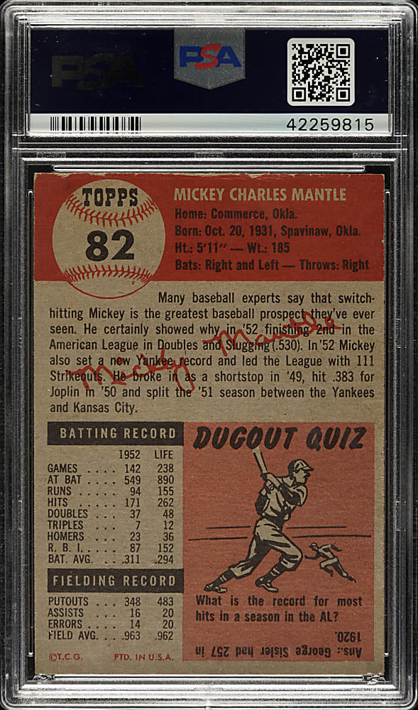 1953 Topps #82 Mickey Mantle PSA EX-MT 6