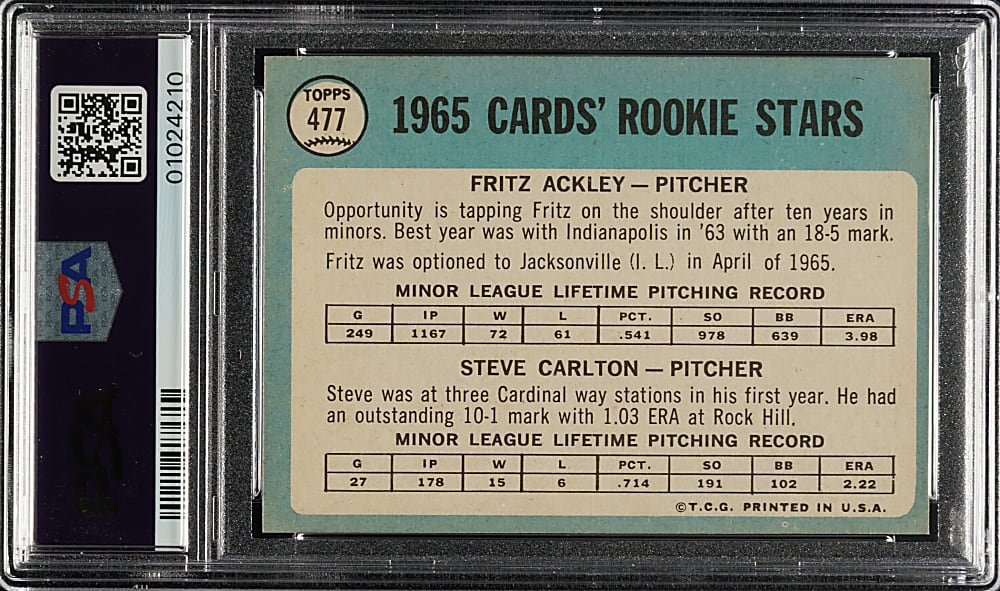 1965 Topps #477 Steve Carlton Rookie PSA MINT 9