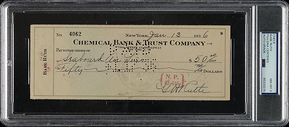 1936 Babe Ruth Signed Check PSA/DNA NM-MT 8