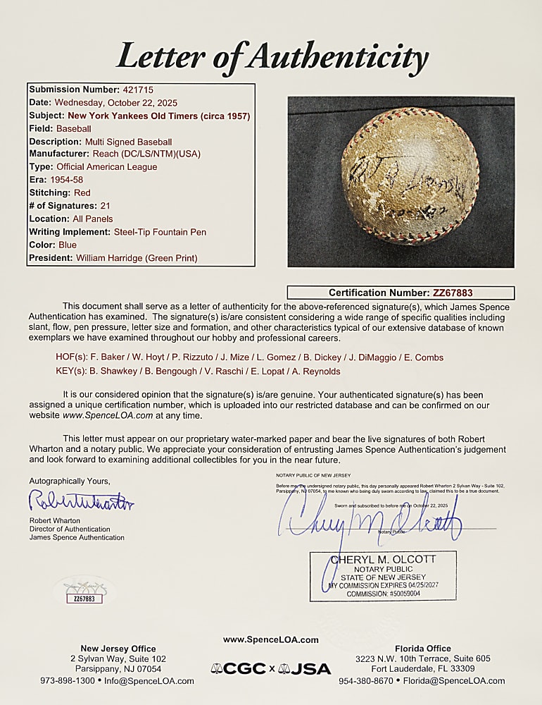 Circa 1950s New York Yankees Old Timers Day Multi-Signed Baseball with Baker, DiMaggio, Dickey, Gomez, and Bengough - JSA