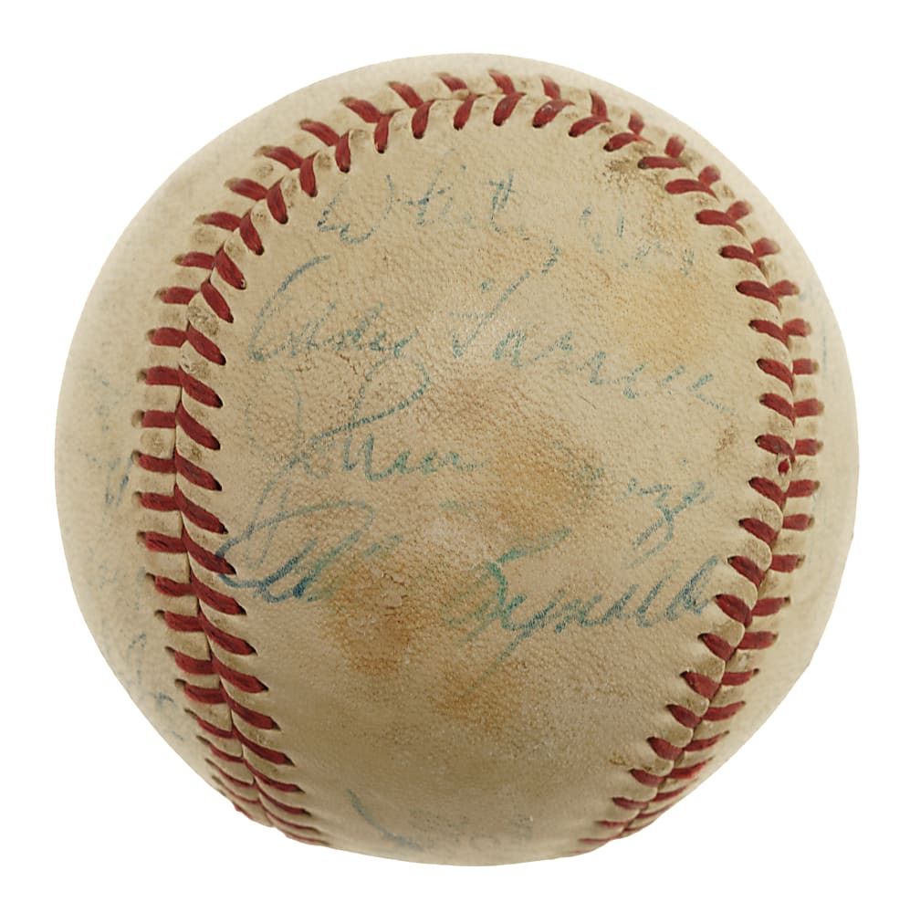 Circa 1950s New York Yankees Old Timers Day Multi-Signed Baseball with Baker, DiMaggio, Dickey, Gomez, and Bengough - JSA
