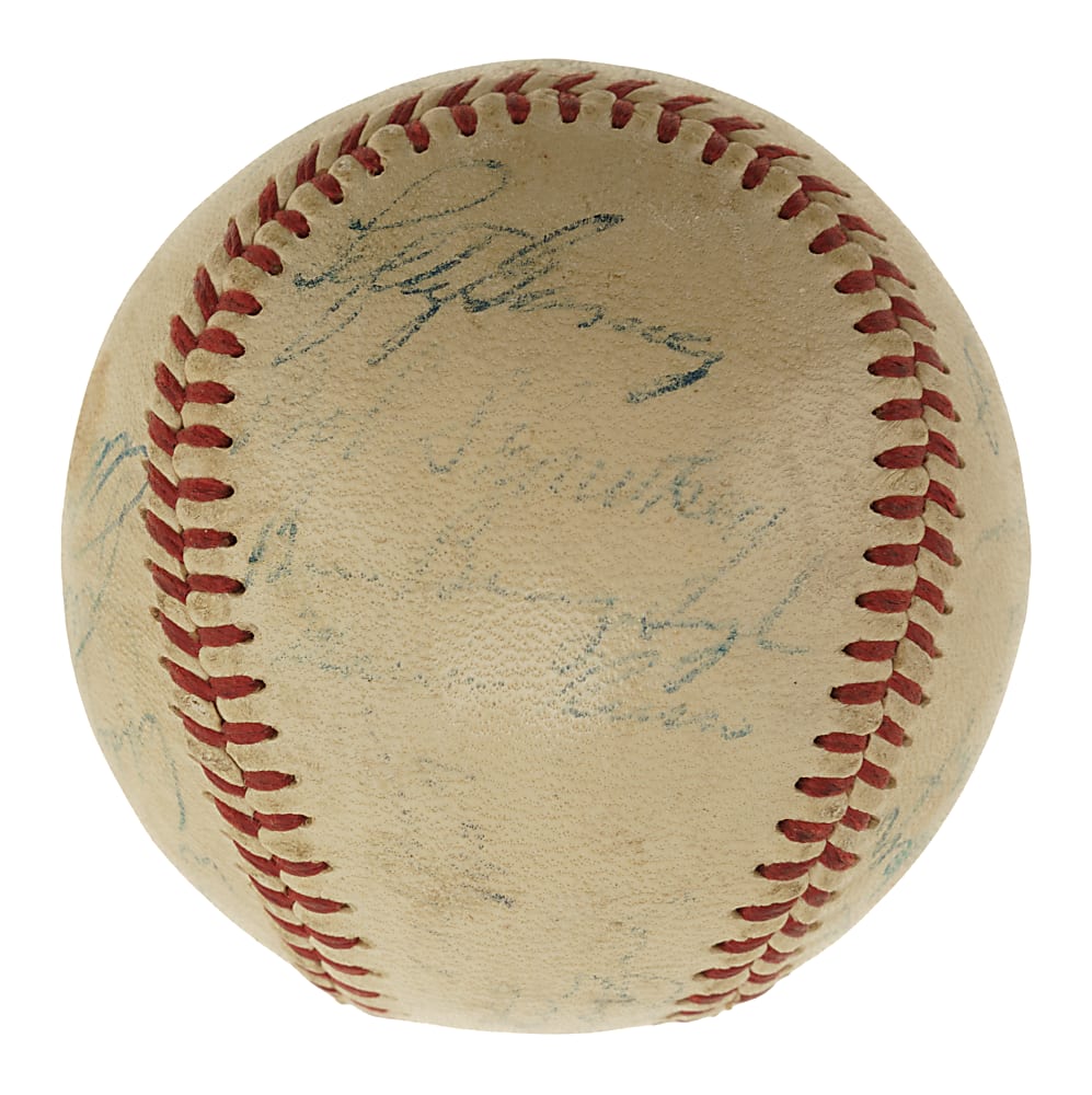 Circa 1950s New York Yankees Old Timers Day Multi-Signed Baseball with Baker, DiMaggio, Dickey, Gomez, and Bengough - JSA