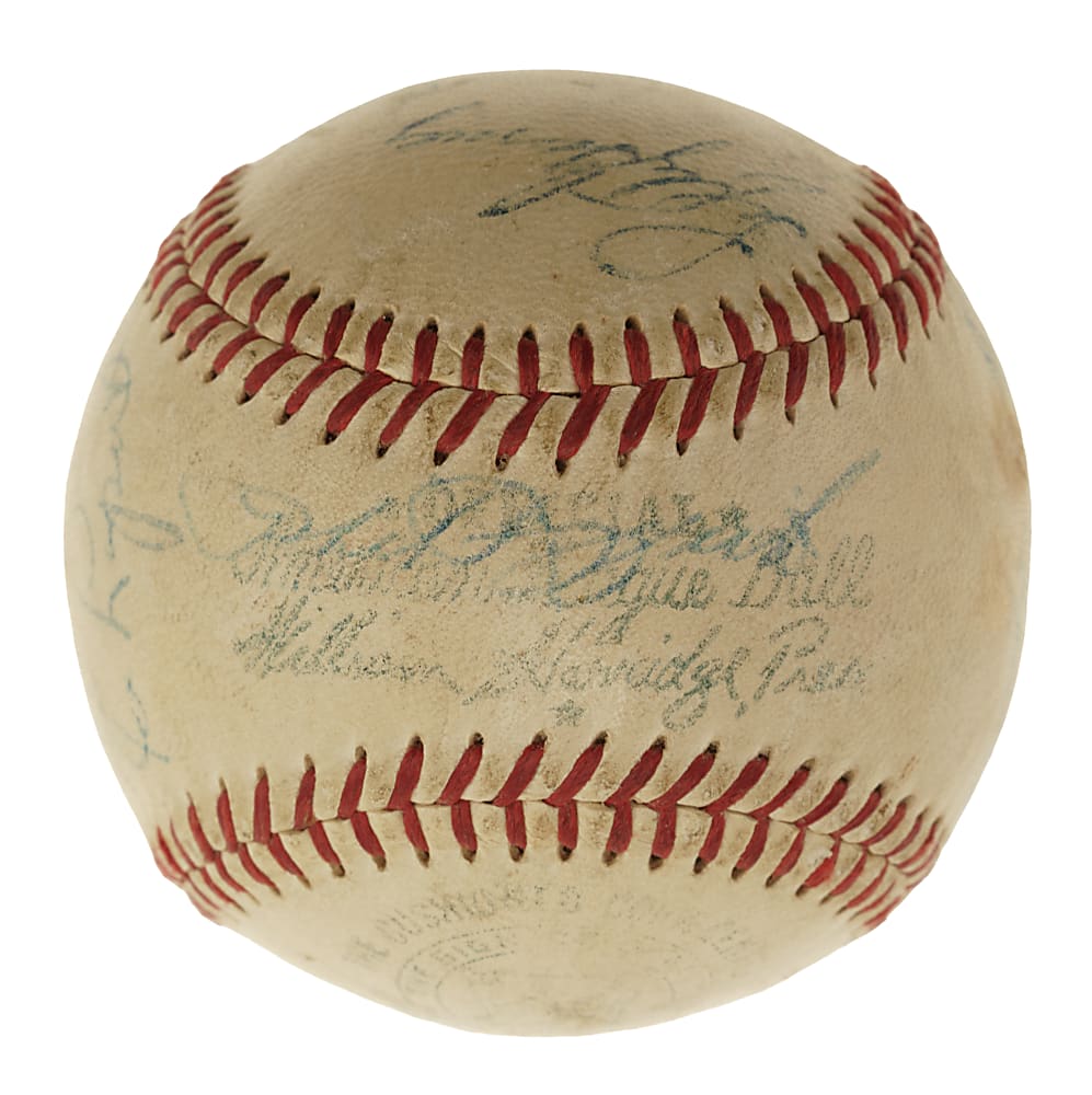 Circa 1950s New York Yankees Old Timers Day Multi-Signed Baseball with Baker, DiMaggio, Dickey, Gomez, and Bengough - JSA
