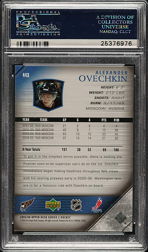 2005-2006 Upper Deck Hockey #443 Alexander Ovechkin Rookie PSA GEM MINT 10