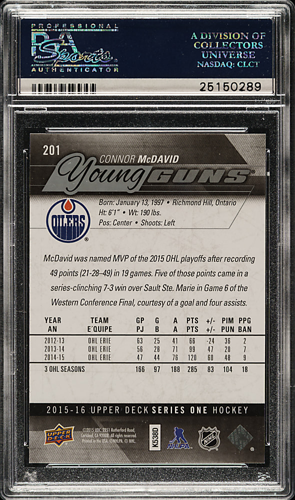 2015-2016 Upper Deck Hockey #201 Connor McDavid Rookie PSA GEM MINT 10