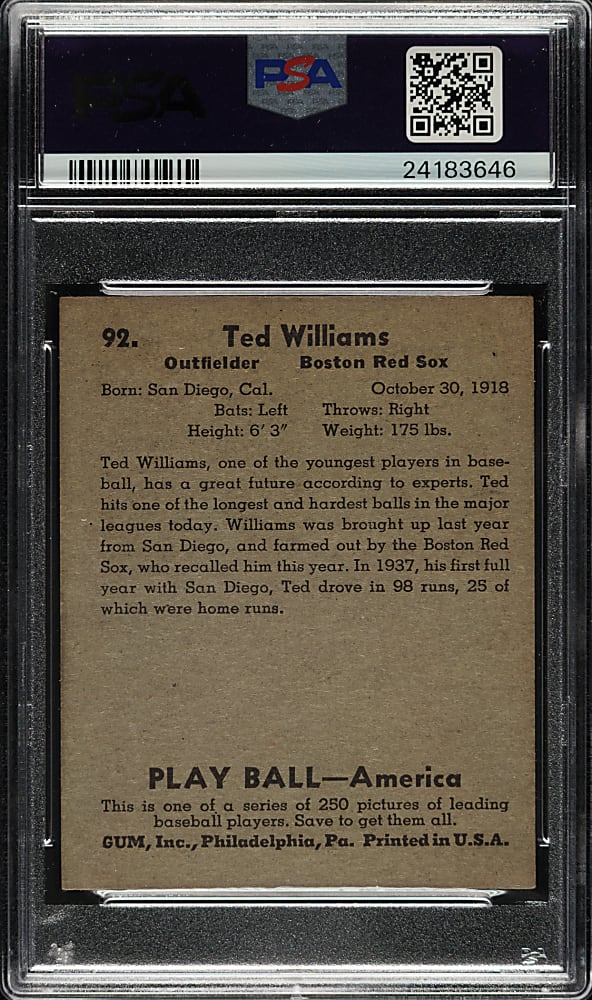 1939 R334 Play Ball #92 Ted Williams Rookie PSA EX-MT+ 6.5