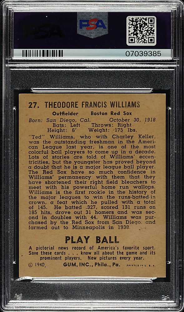 1940 R335 Play Ball #27 Ted Williams PSA NM 7