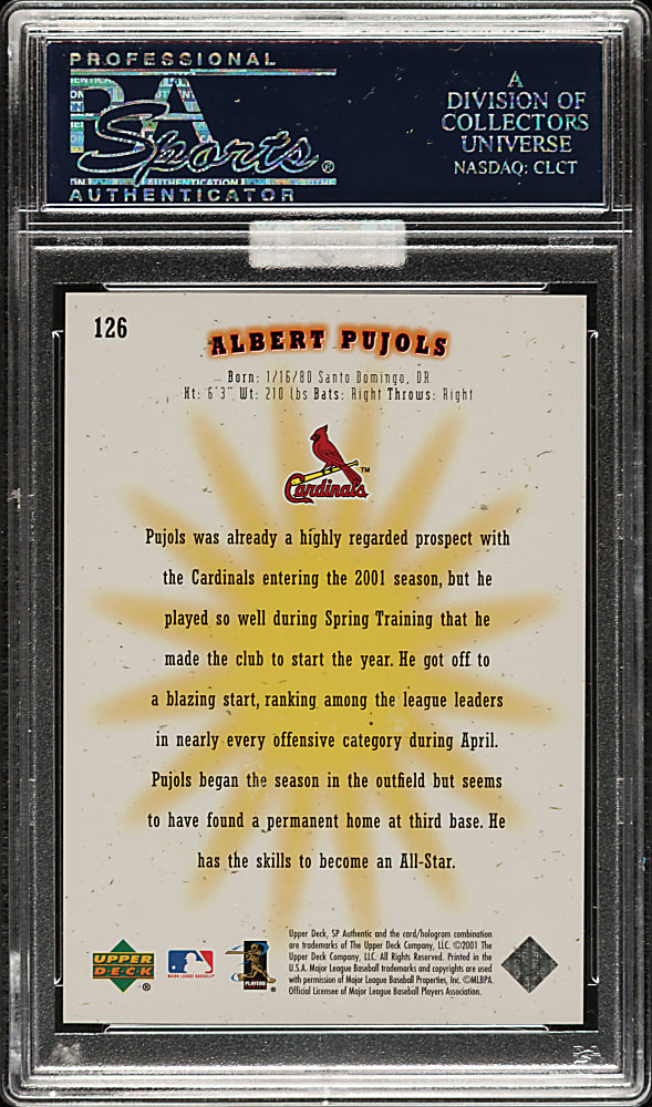 2001 Upper Deck SP Authentic Future Watch #126 Albert Pujols Rookie #1013/1250 PSA GEM MINT 10