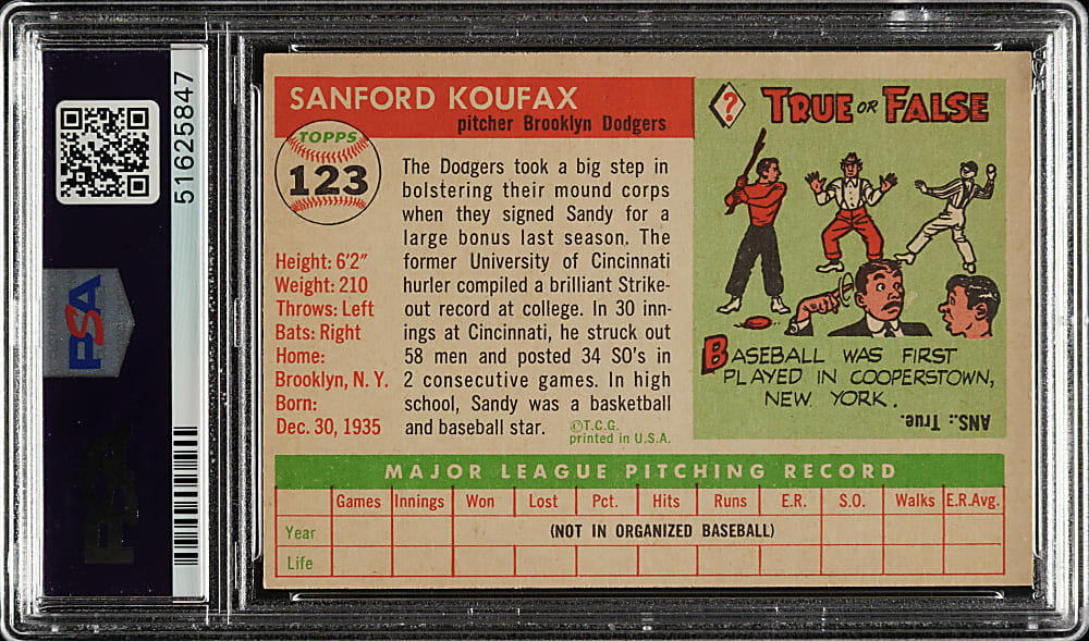 1955 Topps #123 Sandy Koufax Rookie PSA NM 7