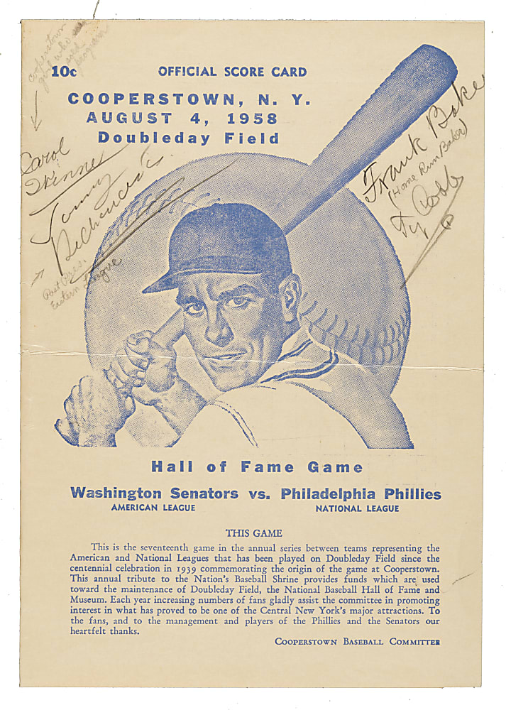 1958 Cooperstown Scorecard Signed by Ty Cobb and Frank "Home Run" Baker - JSA