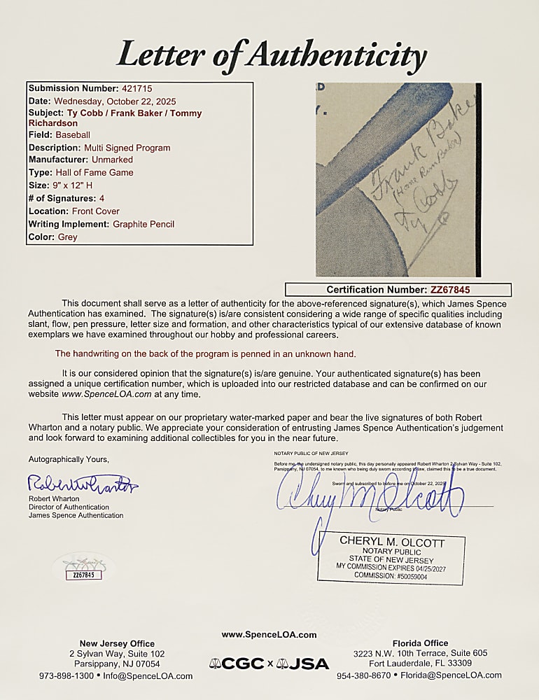 1958 Cooperstown Scorecard Signed by Ty Cobb and Frank "Home Run" Baker - JSA