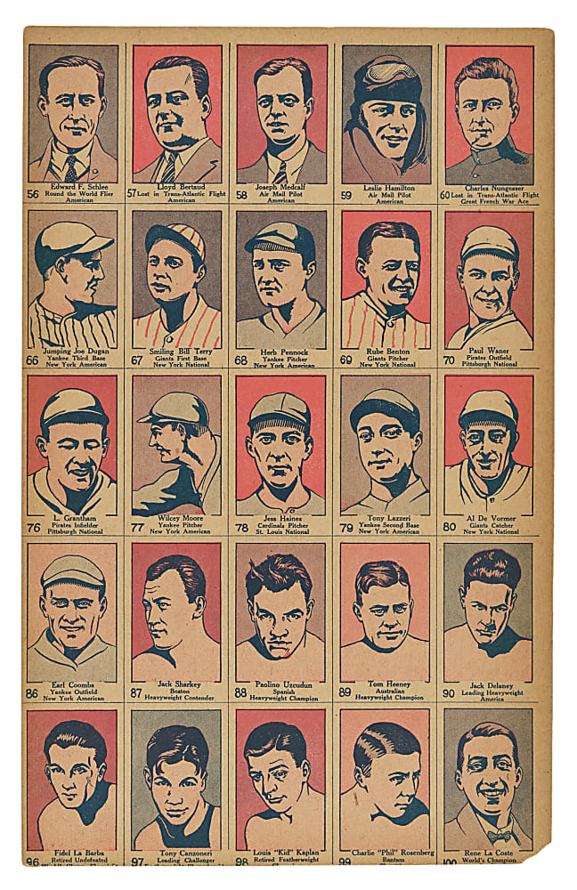 1928 W513 Strip-Card Uncut Sheet (25 Cards) Including Tony Lazzeri, Jesse Haines, and Paul Waner