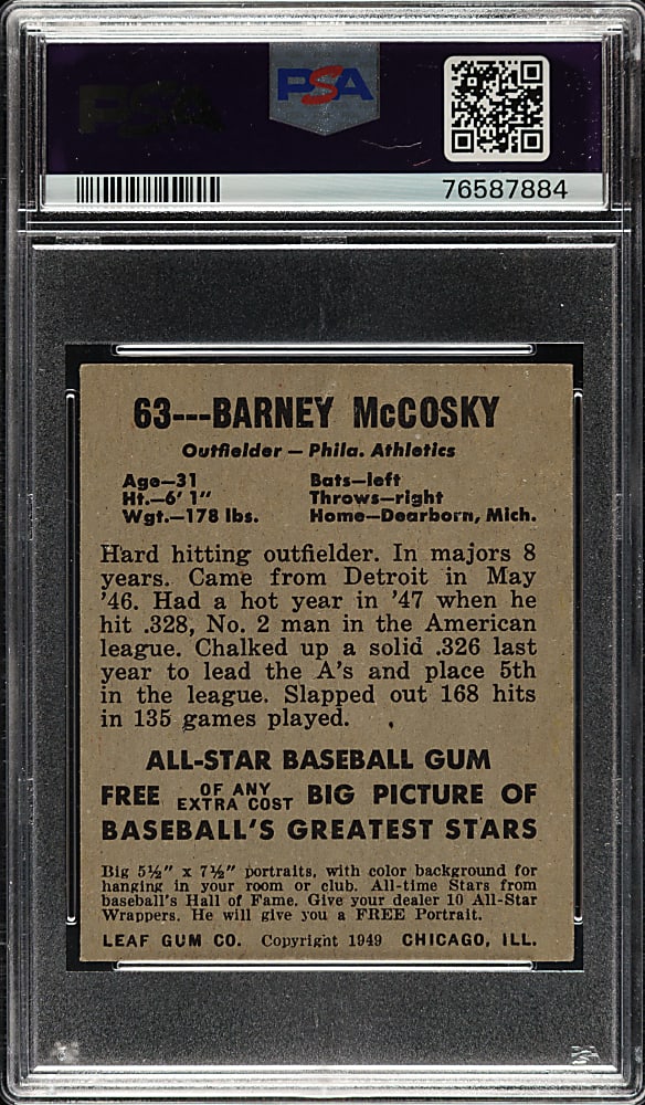 1948-1949 Leaf #63 Barney McCosky Short Print PSA VG-EX 4