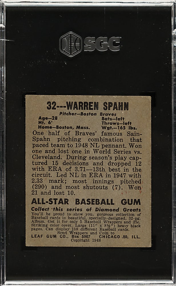 1948-1949 Leaf #32 Warren Spahn Rookie SGC VG+ 3.5