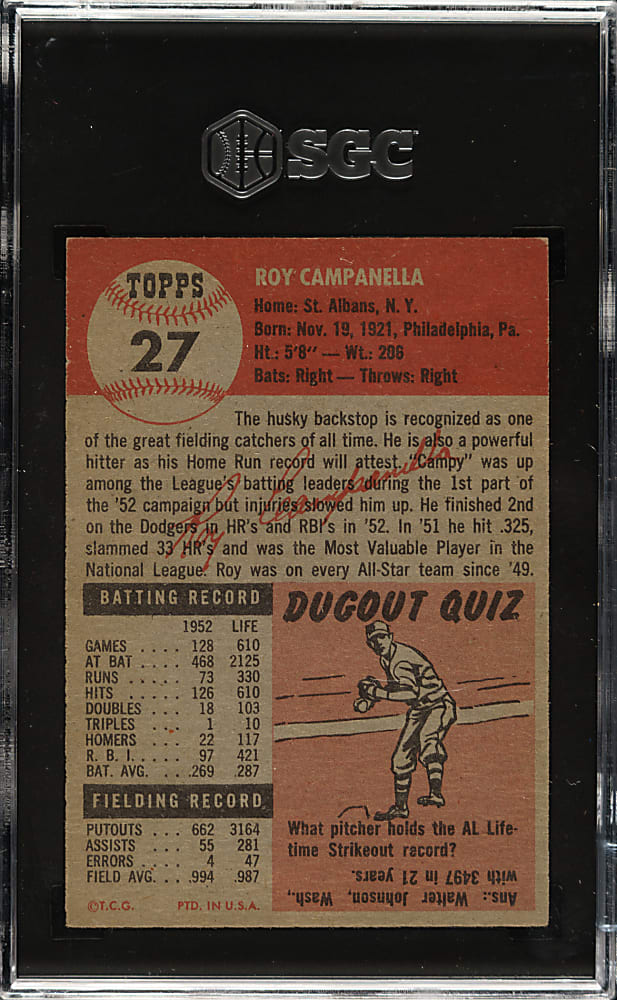 1953 Topps #27 Roy Campanella SGC NM 7