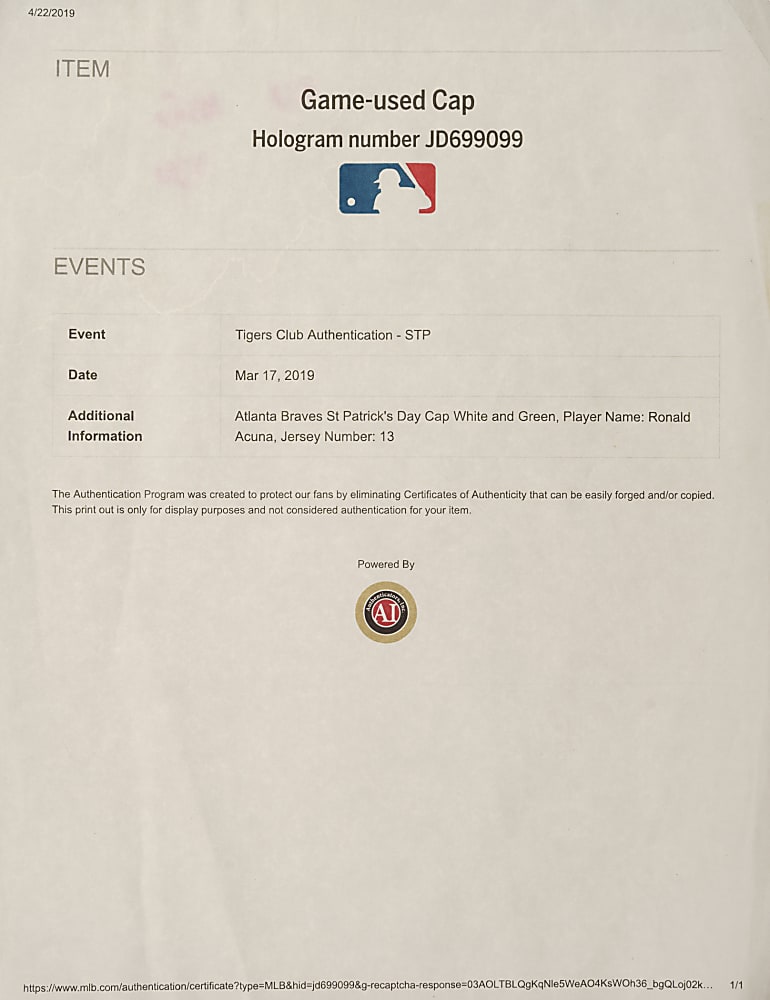 March 17, 2019 Ronald Acuna Jr. Atlanta Braves Game-Used St. Patrick's Day Cap - MLB