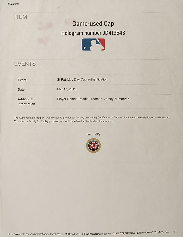 March 17, 2019 Freddie Freeman Atlanta Braves Game-Used St. Patrick's Day Cap - MLB